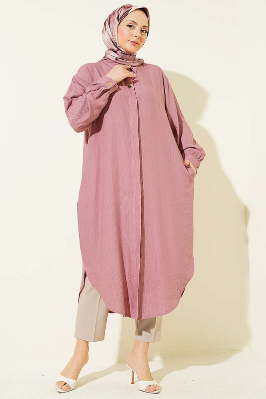 Chemise longue avec poches et boutons cachés couleur vieux rose
