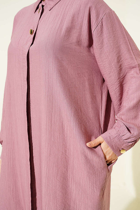 Chemise longue avec poches et boutons cachés couleur vieux rose