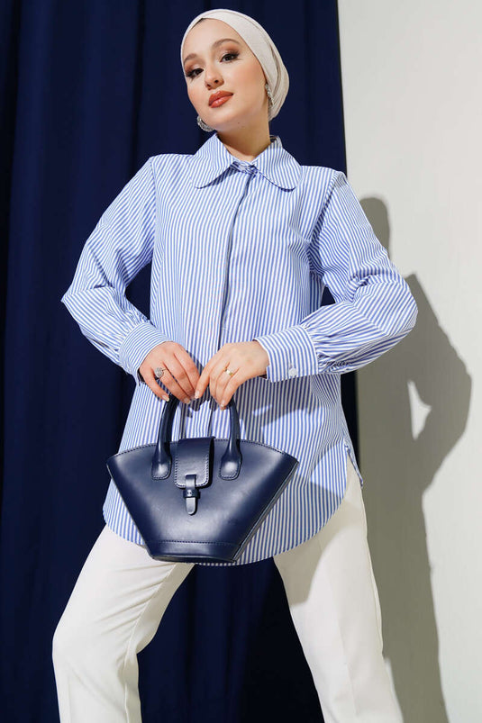 Hidden Button Upright Striped Shirt Blue