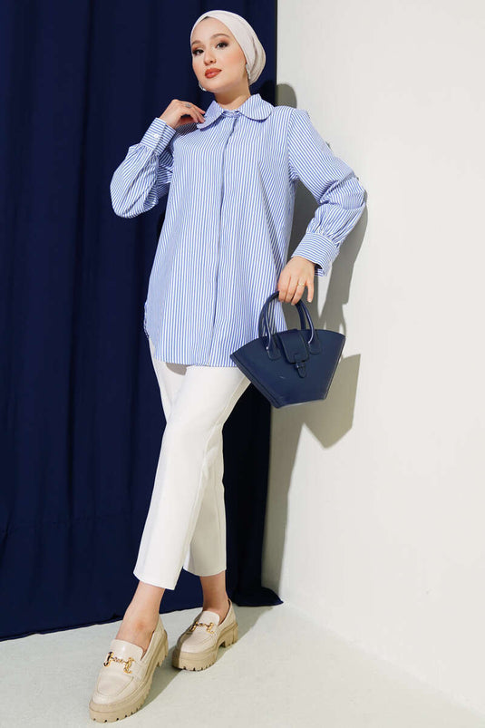 Hidden Button Upright Striped Shirt Blue