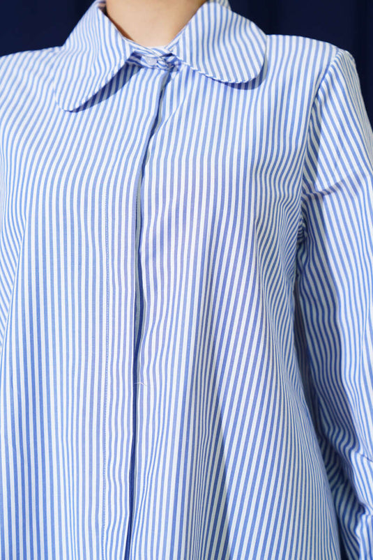 Hidden Button Upright Striped Shirt Blue