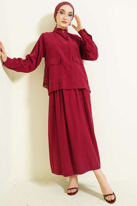 Burgundy Tensel Two-Piece Set with Hidden Button Skirt