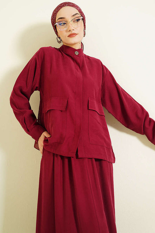 Burgundy Tensel Two-Piece Set with Hidden Button Skirt
