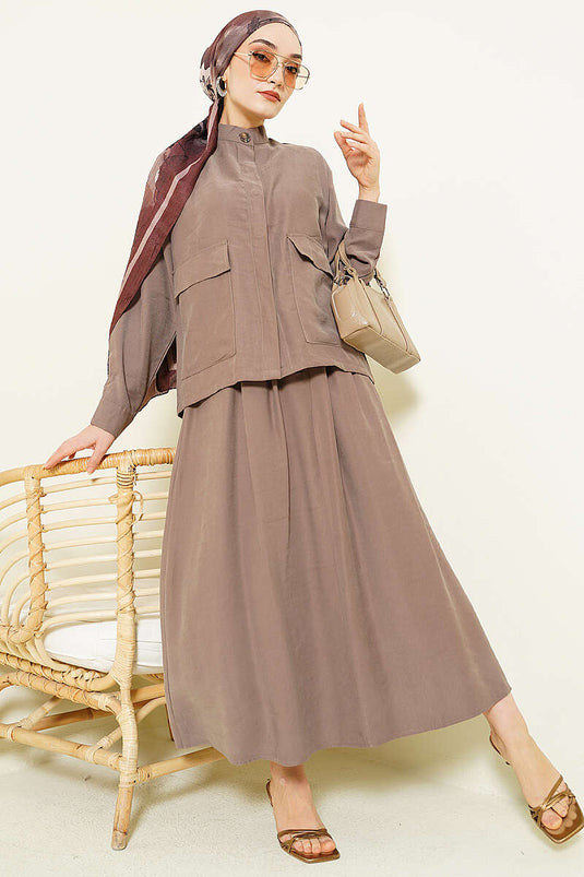 Hidden Button Skirt Tencel Two-Piece Set Mink