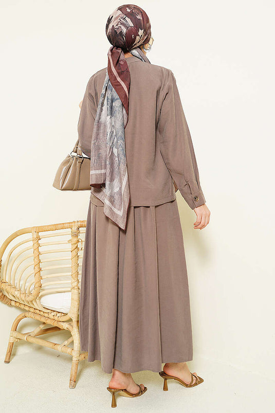 Hidden Button Skirt Tencel Two-Piece Set Mink