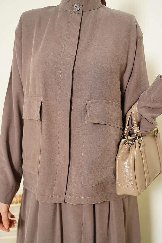 Hidden Button Skirt Tencel Two-Piece Set Mink