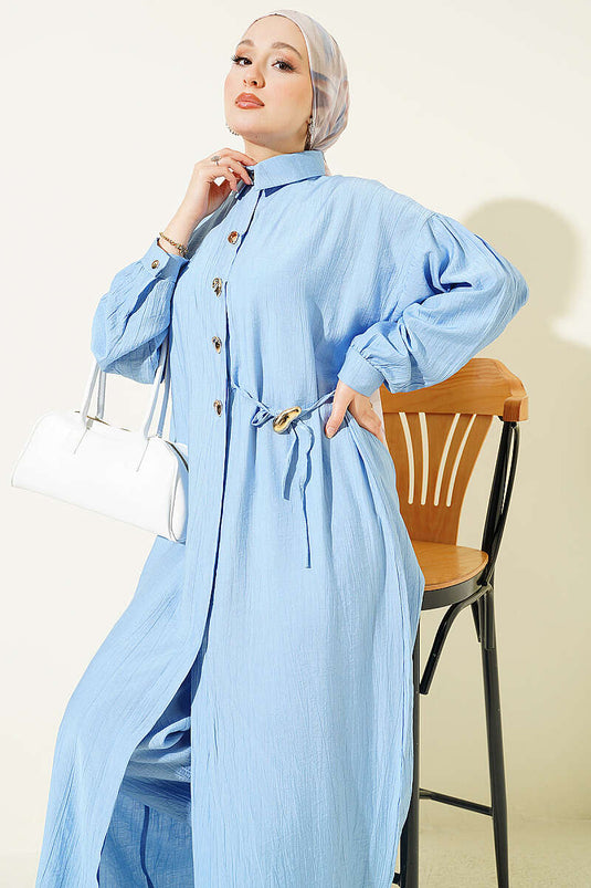 Ensemble tunique longue avec cordon et boutons cachés bleu