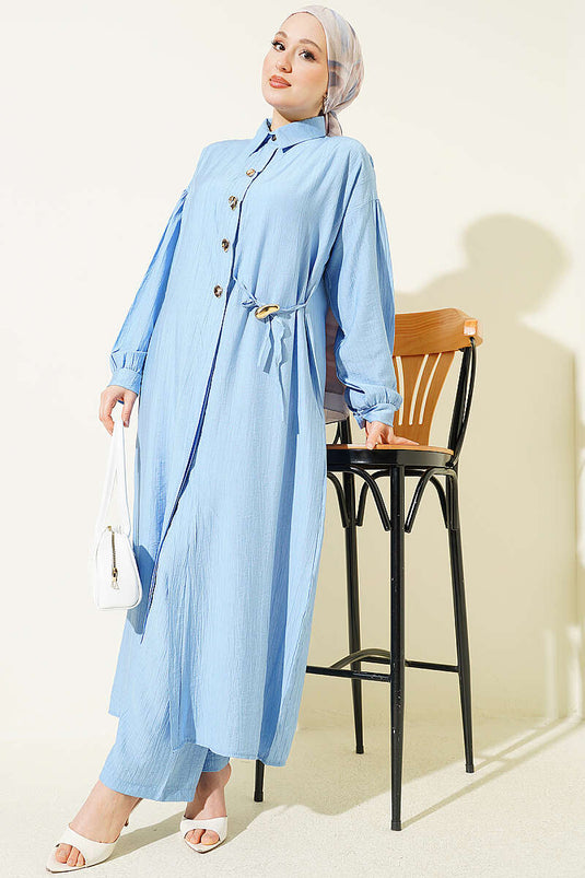Ensemble tunique longue avec cordon et boutons cachés bleu