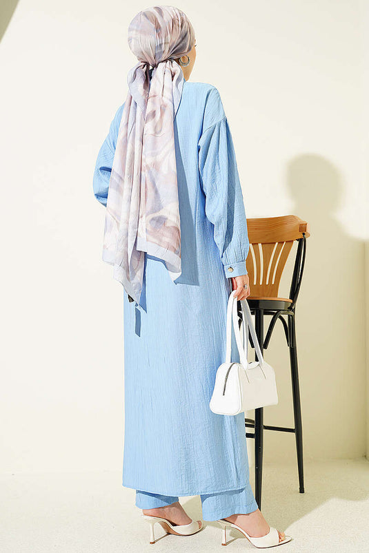 Ensemble tunique longue avec cordon et boutons cachés bleu