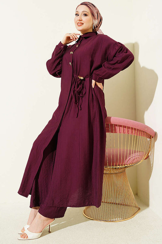 Ensemble tunique longue avec boutons cachés et détails en corde, couleur prune