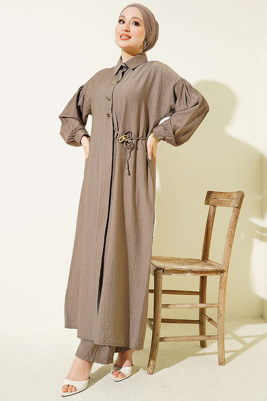 Long Tunic Set with Hidden Buttons and String Detail, Mink
