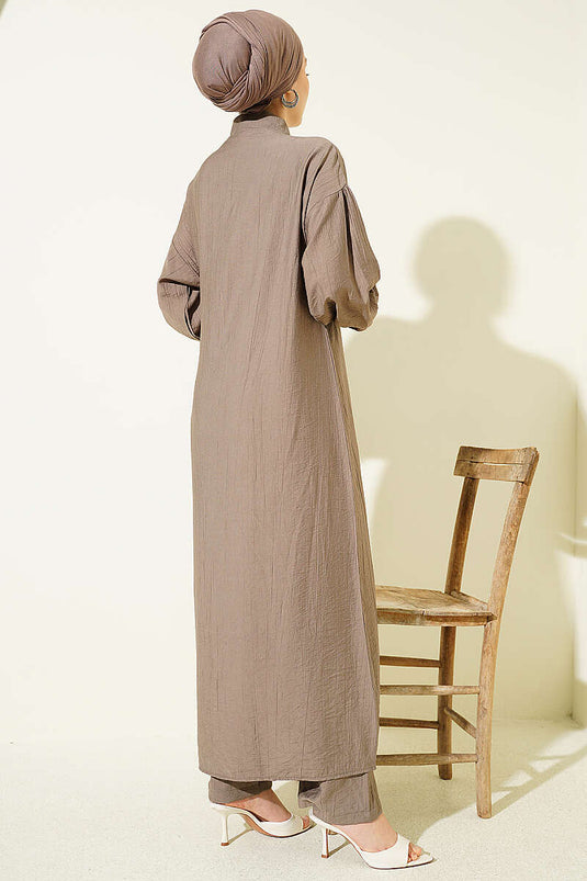 Long Tunic Set with Hidden Buttons and String Detail, Mink