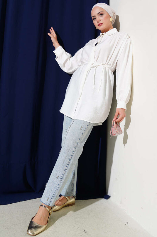Hidden Button Rope Belted Shirt White