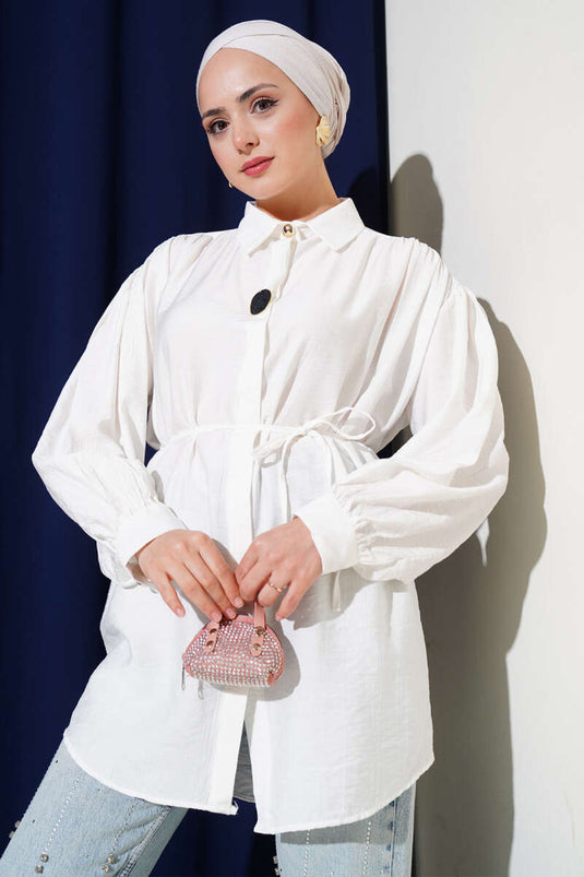 Hidden Button Rope Belted Shirt White