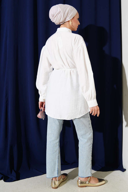 Hidden Button Rope Belted Shirt White