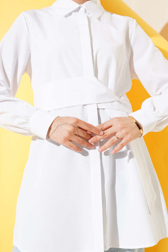 Gizli Düğmeli Kendinden Kuşaklı Gömlek Beyaz