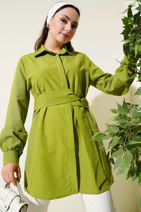 Hidden Button Self-Belted Shirt Pistachio Green