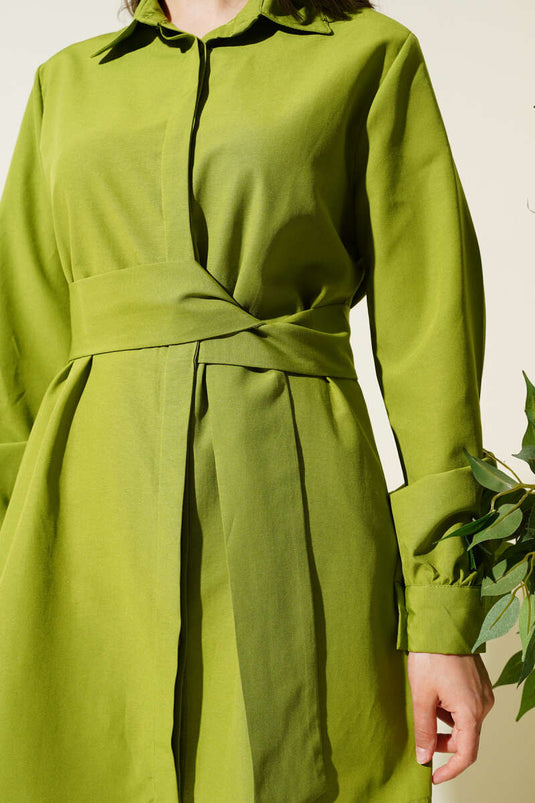 Hidden Button Self-Belted Shirt Pistachio Green