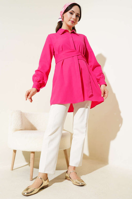 Hidden Button Self-Belted Shirt Fuchsia