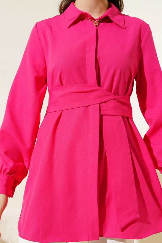Hidden Button Self-Belted Shirt Fuchsia