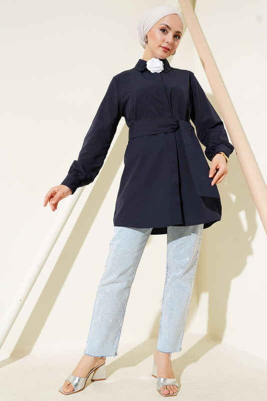 Hidden Button Self-Belted Shirt Navy Blue