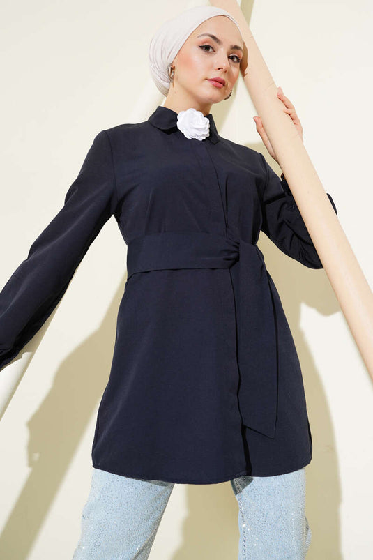 Hidden Button Self-Belted Shirt Navy Blue