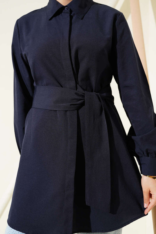 Hidden Button Self-Belted Shirt Navy Blue