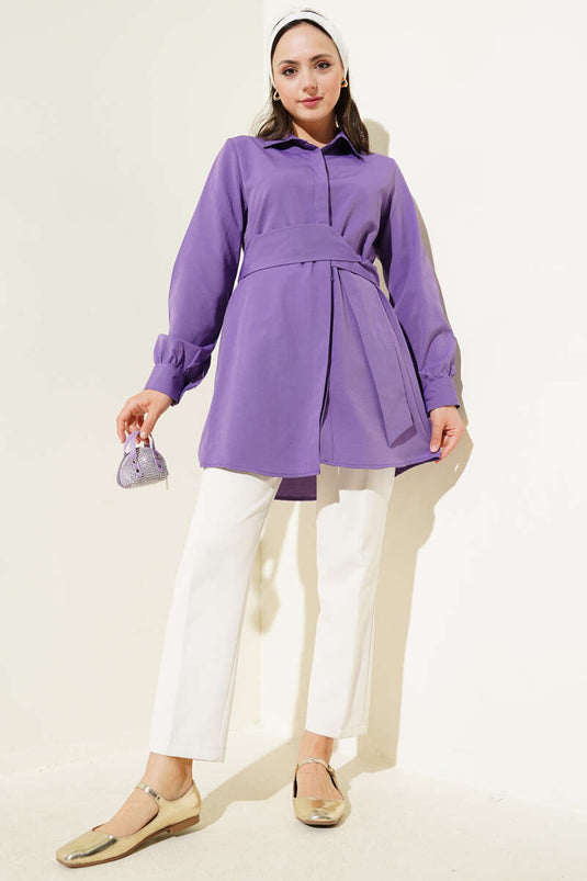 Chemise à boutons cachés et ceinture intégrée Lilas