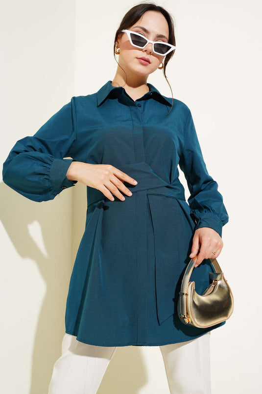 Hidden Button Self Belted Shirt Petrol