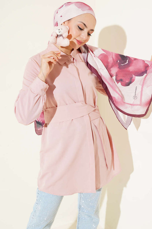 Hidden Button Self Belted Shirt Powder