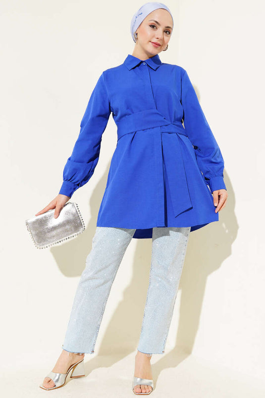 Gizli Düğmeli Kendinden Kuşaklı Gömlek Saks