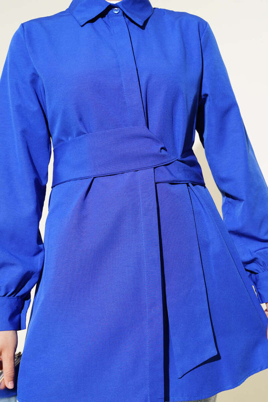 Gizli Düğmeli Kendinden Kuşaklı Gömlek Saks