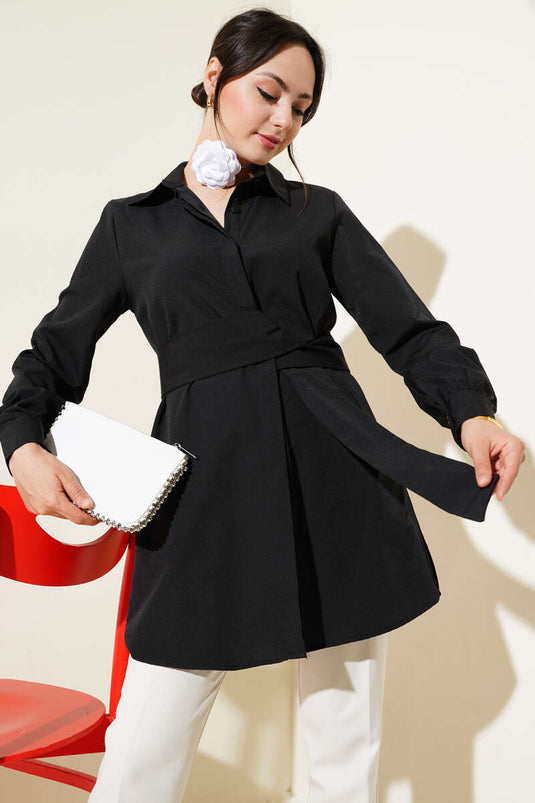 Hidden Button Self Belted Shirt Black