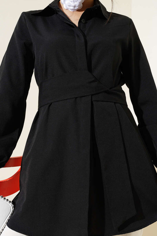 Hidden Button Self Belted Shirt Black