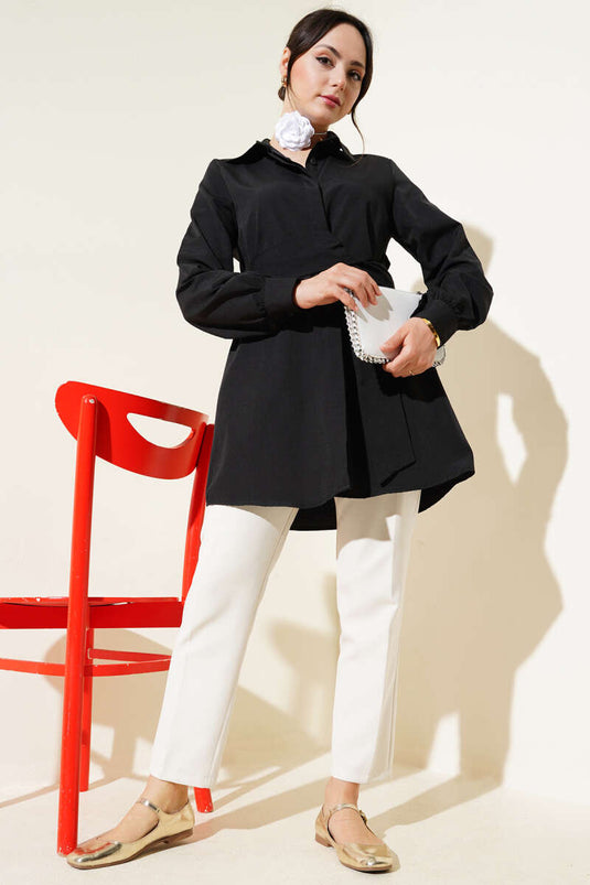 Hidden Button Self Belted Shirt Black