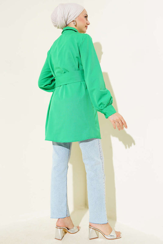 Hidden Button Self-Belted Shirt Green