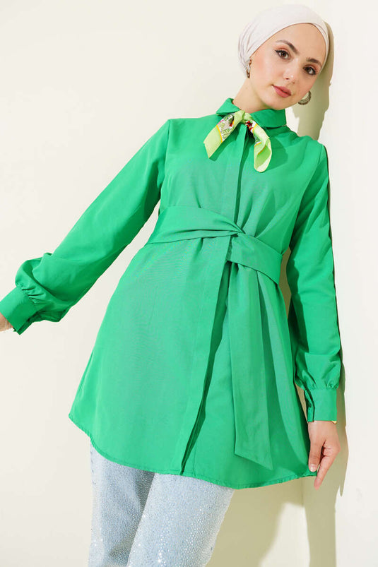 Hidden Button Self-Belted Shirt Green