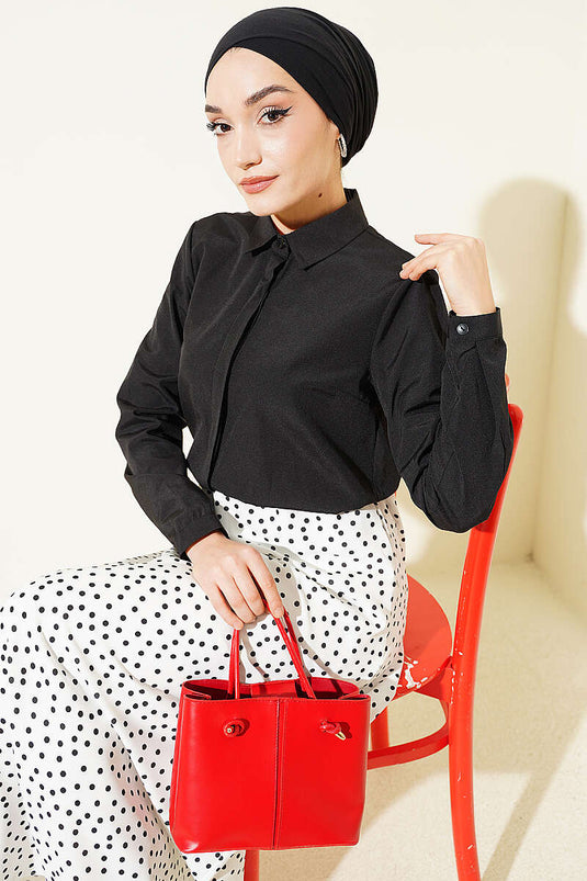 Hidden Button Short Shirt Black