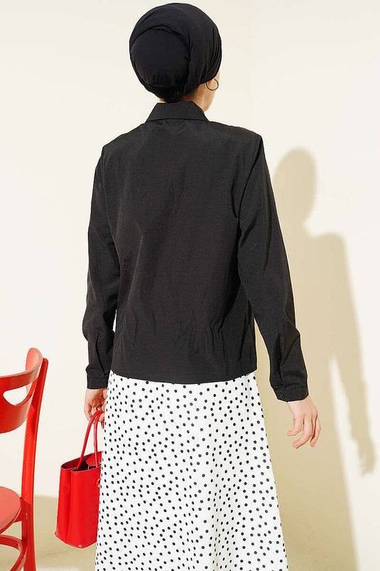 Hidden Button Short Shirt Black