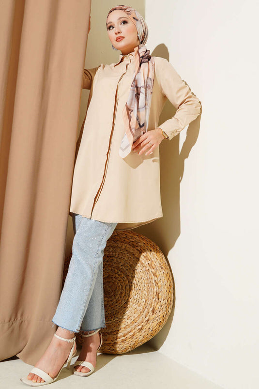 Gizli Düğmeli Klasik Gömlek Bej