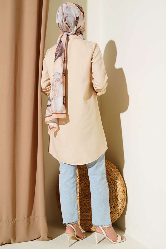 Gizli Düğmeli Klasik Gömlek Bej