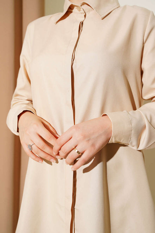 Gizli Düğmeli Klasik Gömlek Bej