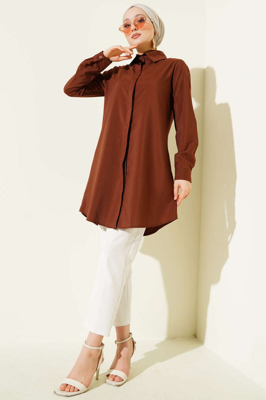 Gizli Düğmeli Klasik Gömlek Kahve