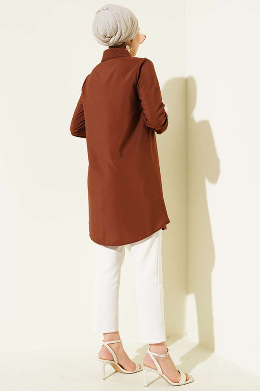 Gizli Düğmeli Klasik Gömlek Kahve