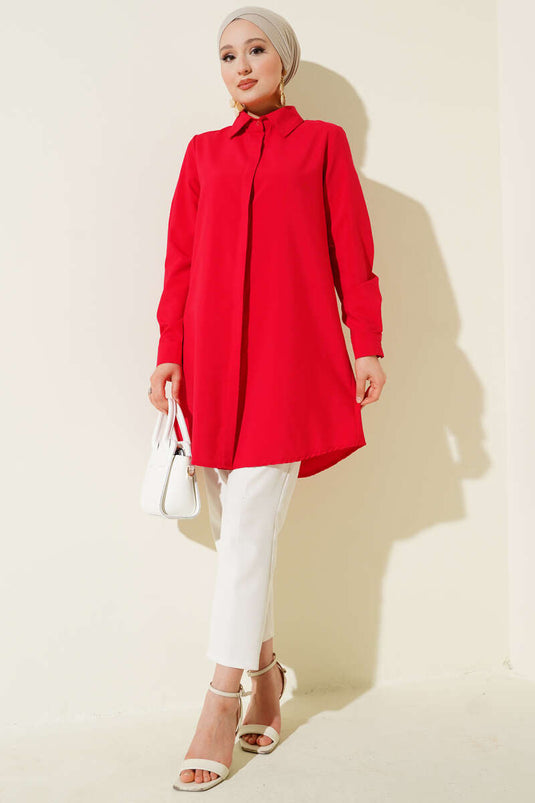 Hidden Button Classic Shirt Red