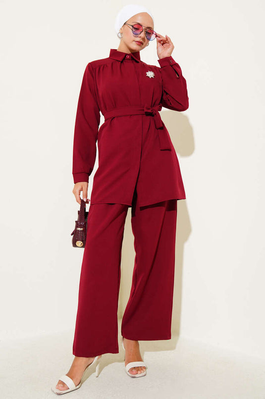 Hidden Button Belted Double Breasted Suit Burgundy