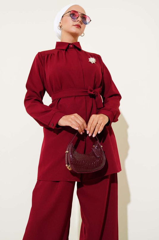 Hidden Button Belted Double Breasted Suit Burgundy