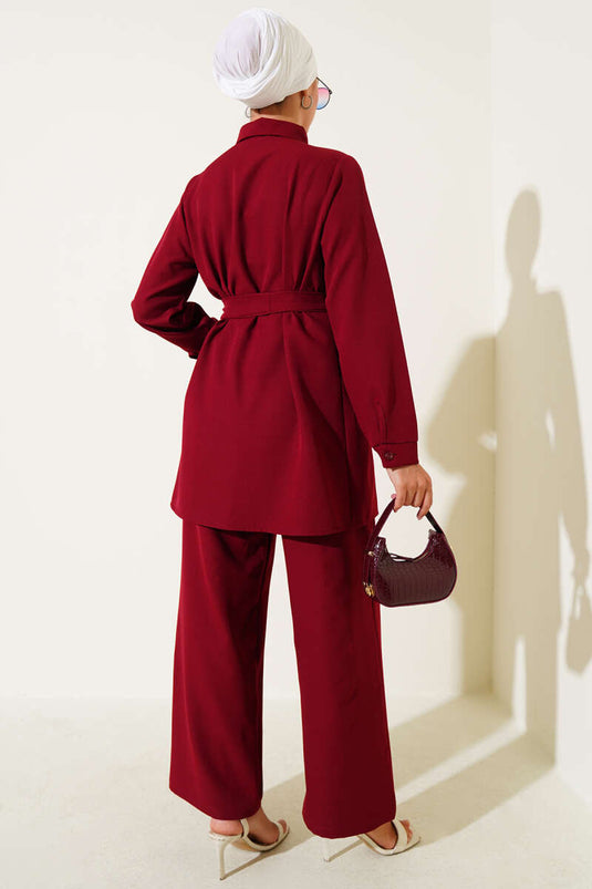 Hidden Button Belted Double Breasted Suit Burgundy