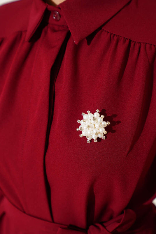 Hidden Button Belted Double Breasted Suit Burgundy