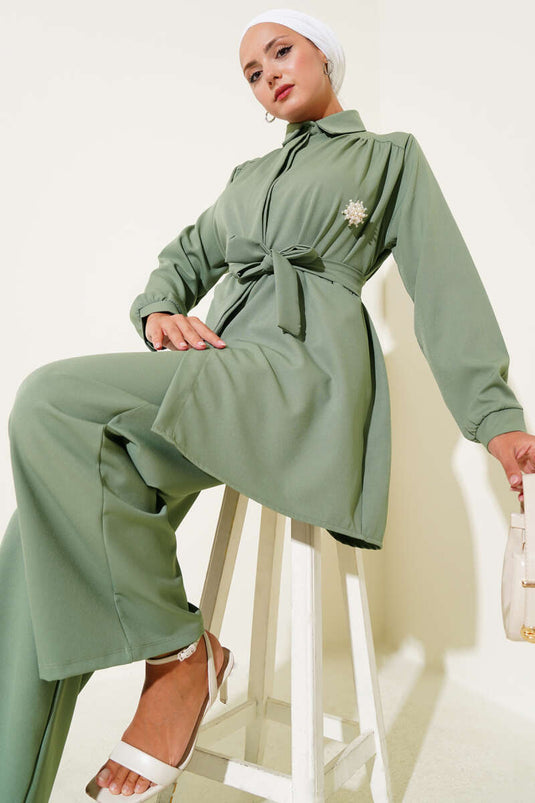 Hidden Button Belted Double Breasted Suit, Almond Green